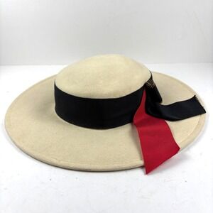 VTG‎ Sonni San Francisco Wool Skimmer Boat Hat Wide Brim Sun Derby Red Cream Blk